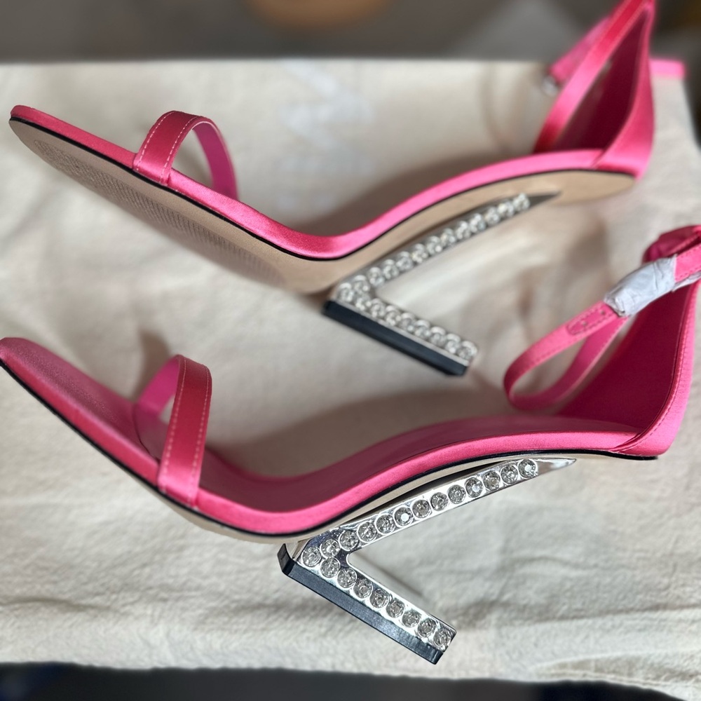 Elegant Pink Satin Ankle Strap Sandals Rhinestone Heel Sz 11 - Picture 5 of 9